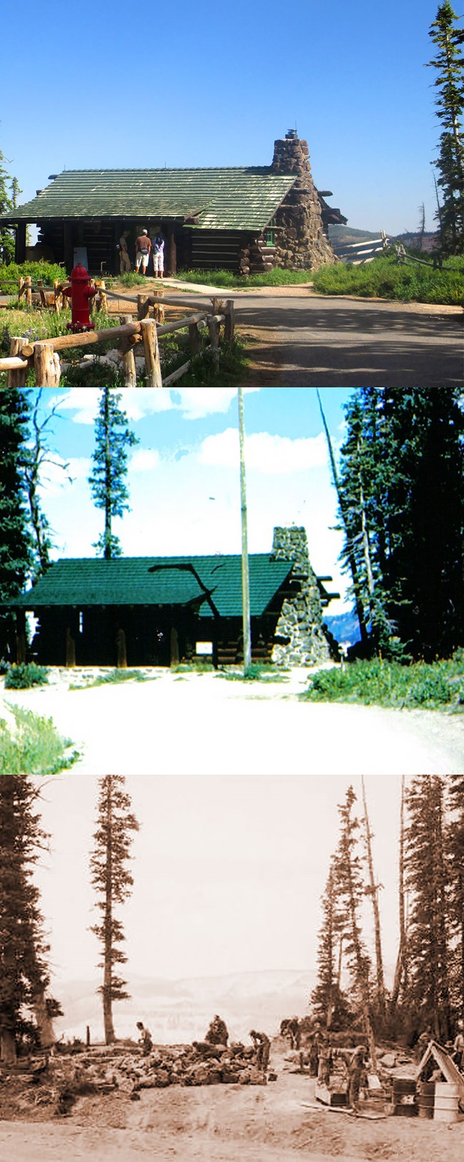 The Cedar Breaks Museum over time. Top: Modern time, this building is currently known as the information center, Middle: 1960's era Museum building, Bottom: CCC crew constructing the museum in the 1930's