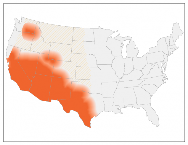 A map of the United States colored in grey and red. Grey indicates areas where coccidiomycosis has not been reported while red indicates areas where coccidiomycosis has been reported.