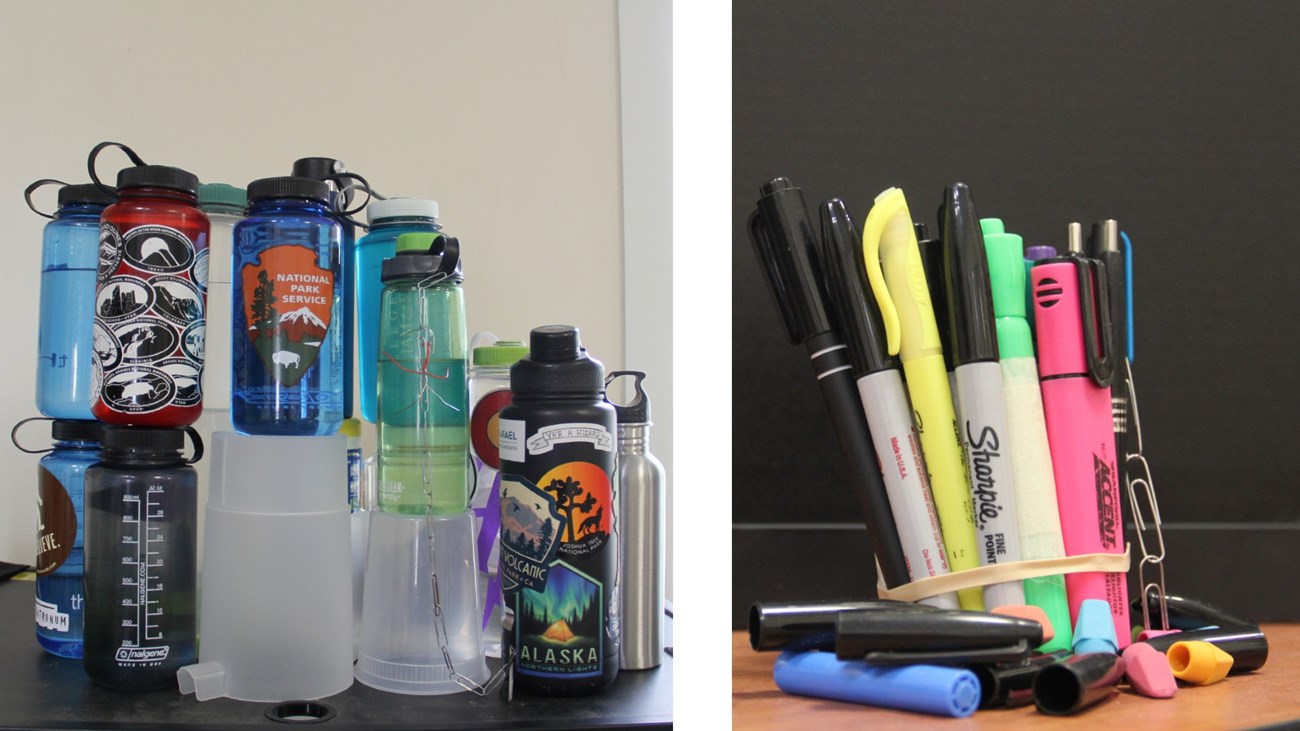 Two images of model Towers; left image made of water bottles and paper clip climber and right image made of office supplies including pens, highlighters, rubber bands, paper clips, and erasers.