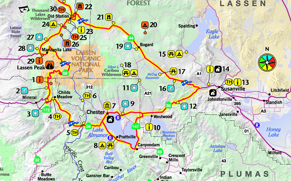 A map with a highway in red outlined by yellow with numbers to indicate points of interest.
