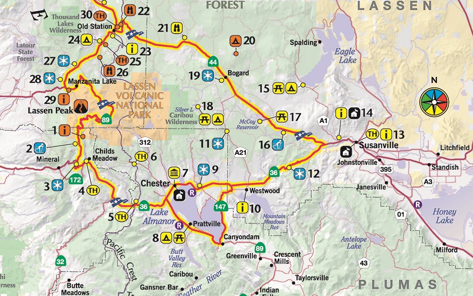 A map with a highway in red outlined by yellow with numbers to indicate points of interest.