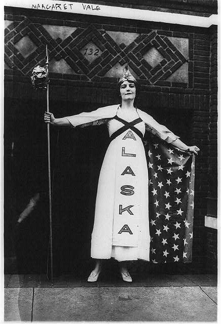 Margaret Vale (Mrs. George Howe), niece of President Woodrow Wilson representing Alaska in a suffrage parade in New York, Oct. 1915. Library of Congress.