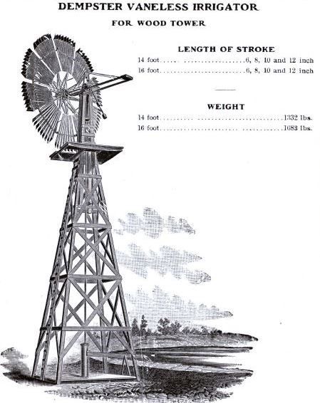 Sketch of a windmill "Dempster Vaneless Irrigator for Wood Tower"