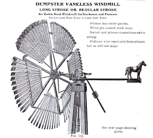 Sketch of a windmill "Dempster Vaneless WIndmil, Long Stroke or Regular Stroke. An Extra Good Windmill for Stockmen and Farmers"