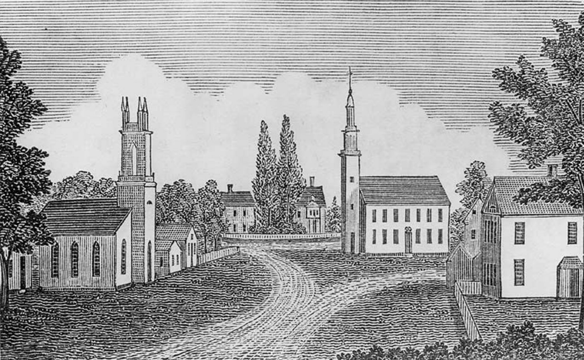 Drawing of a town street with two churches