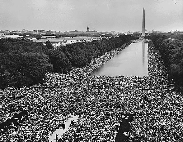 View of the National Mall with people gathered