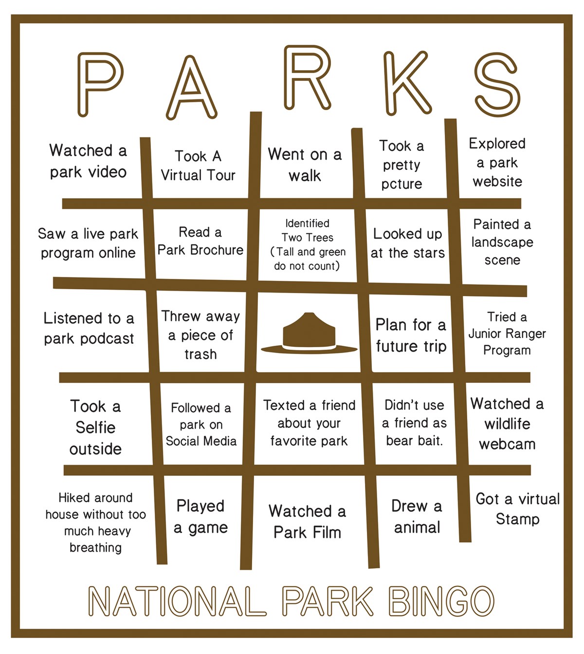 Virtual National Park Bingo Card (detailed alternative text is on the webpage)