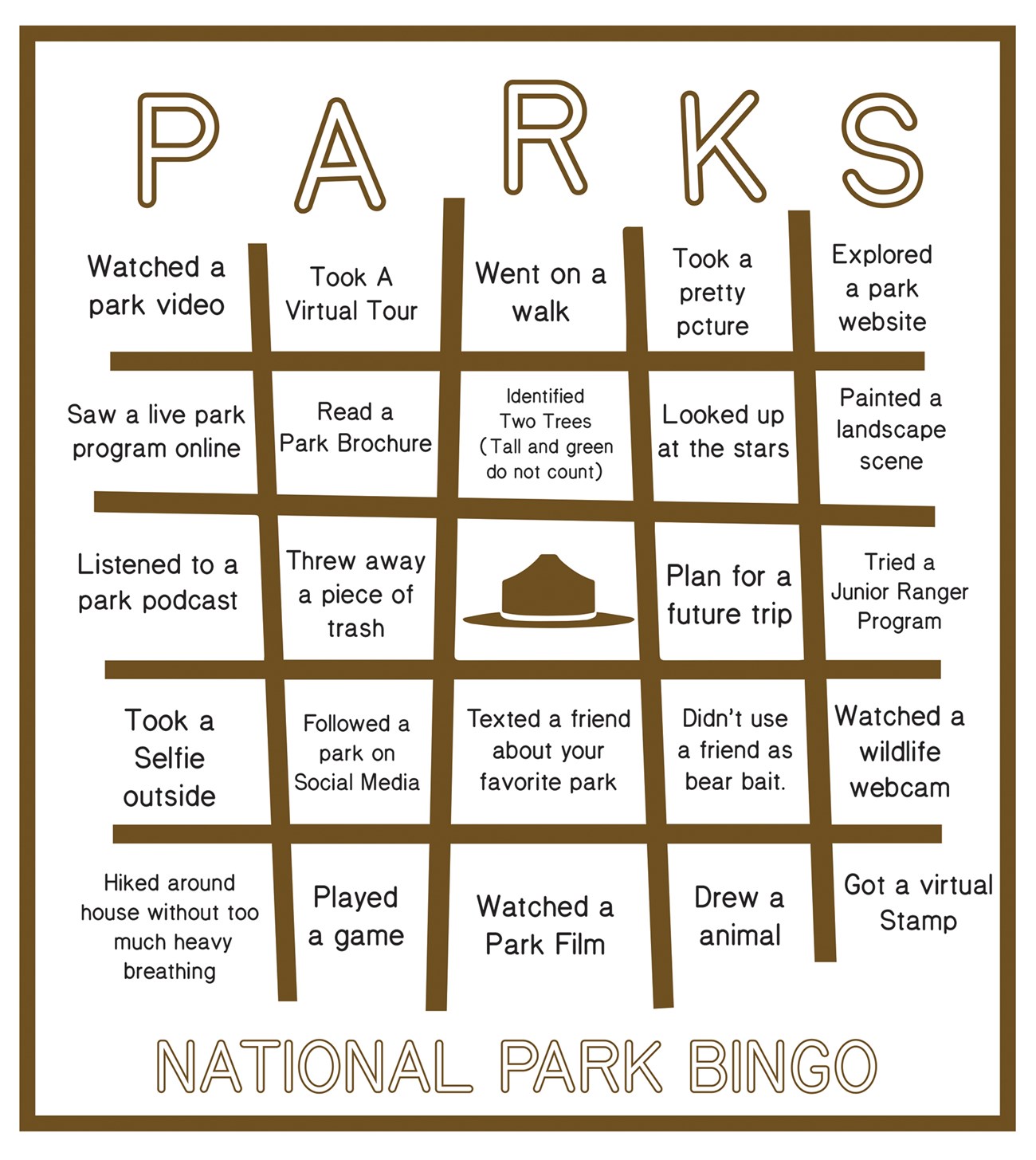 Virtual National Park Bingo Card (detailed alternative text is on the webpage)