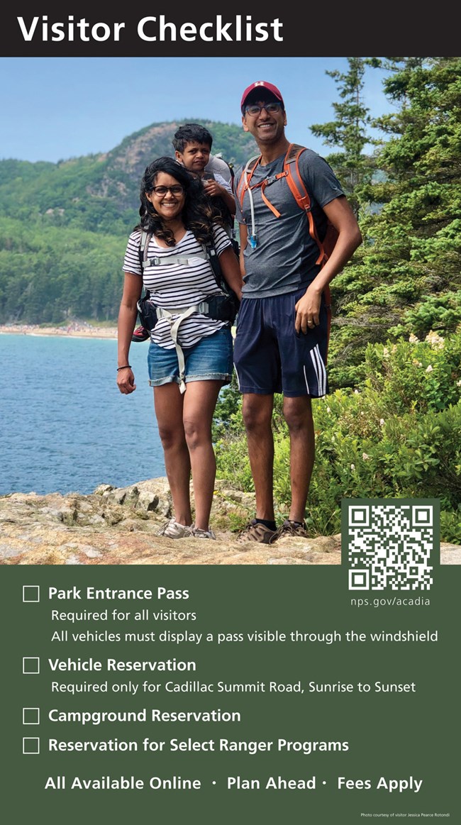 Visitor Checklist graphic with photo featuring family of hikers