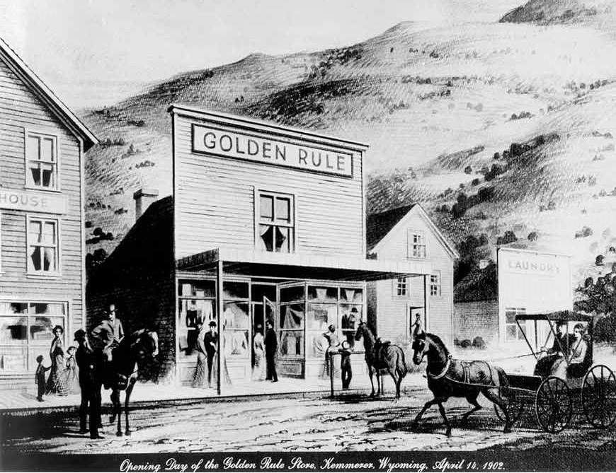 Artist's conception of the opening of the first Golden Rule Store in 1902. Artist's conception of the opening of the first Golden Rule Store in 1902.