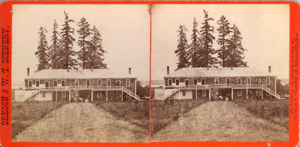 Indian Wars - Vancouver Barracks Guardhouse, FOVA 197400 Orange card with two black and white images of a rectangular building.