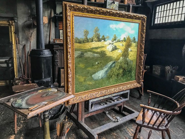 WEFA Weir Studio Landscape paining on easel and painting supplies