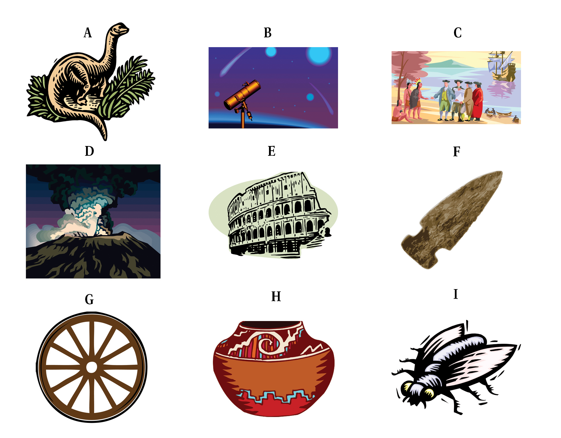 WHAT DO ARCHEOLOGISTS STUDY Top row: a dinosaur, a telescope pointed at the stars, and a scene on a beach of European sailors meeting Native Americans. Middle row: a volcano, the Roman Colosseum, and a stone spearpoint. Bottom row: a wagon wheel, clay pot, and a fly.