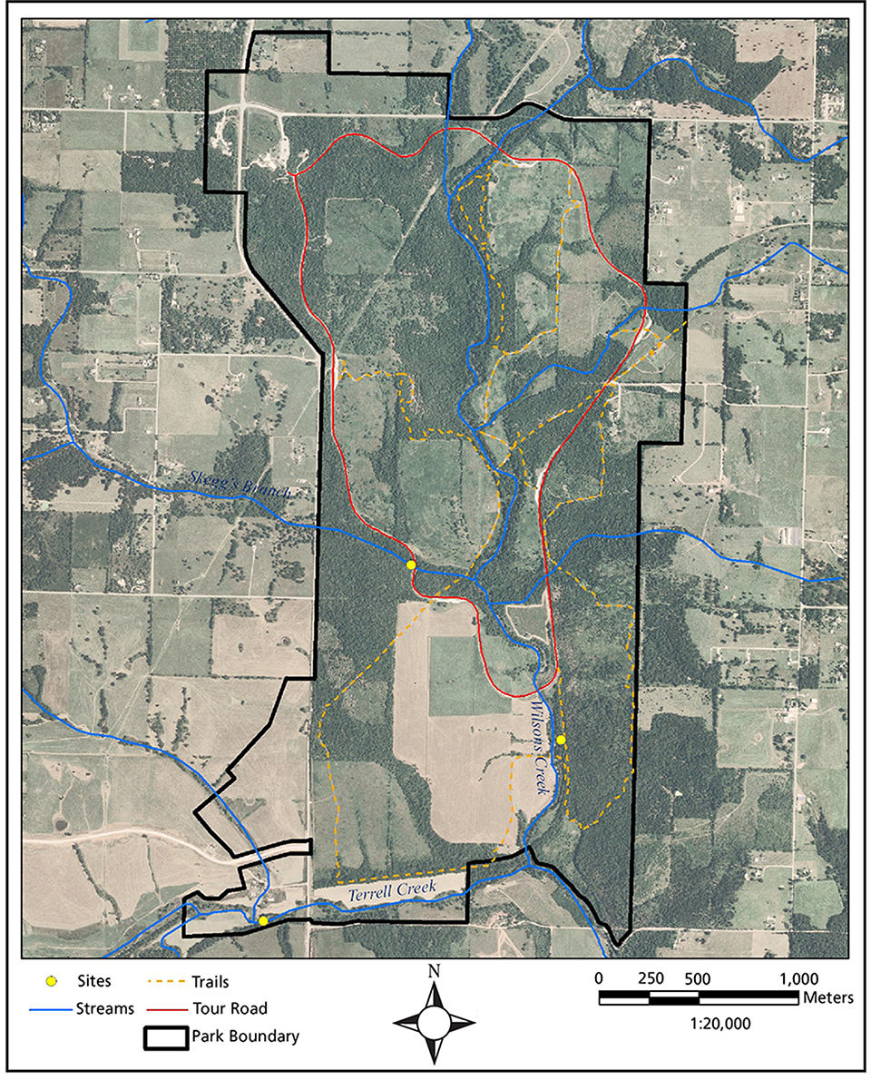 A map of Wilson's Creek National Battlefield showing Wilson's Creek, Skagg's Branch, and Terrell Creek