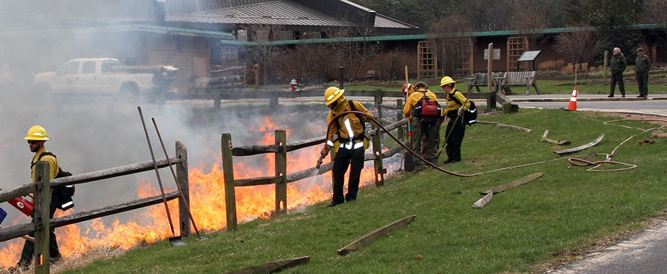 Firefighters use hand tools and drip torches in meadow in front of building.