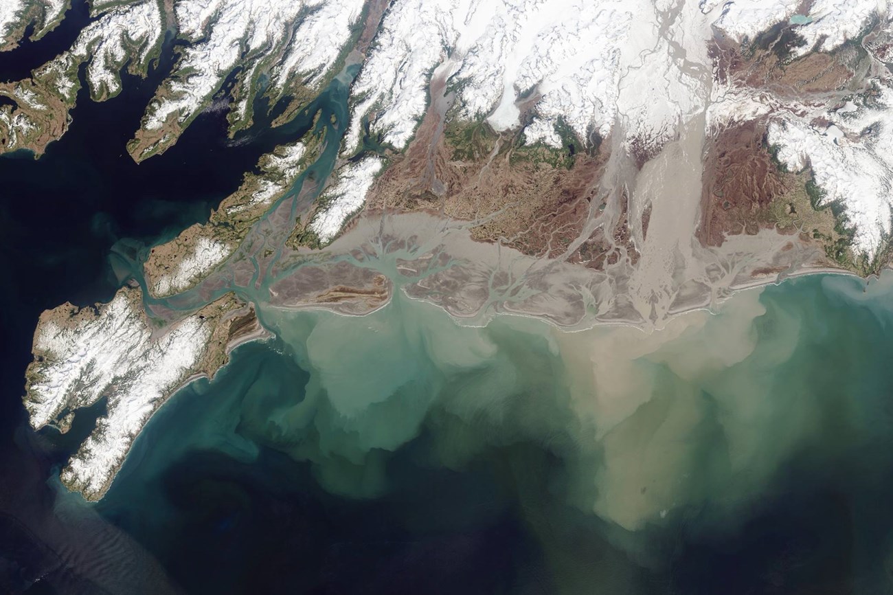 Satellite photo of coast with sediment plume