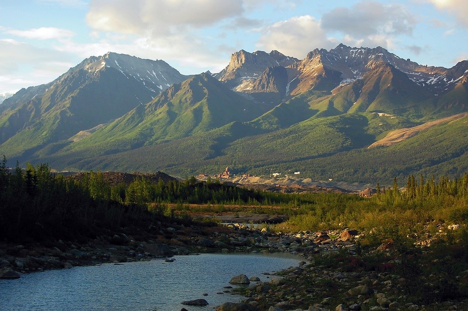 The Kennecott and Root glaciers overlook the historic industrial town of Kennecott. NPS Photo