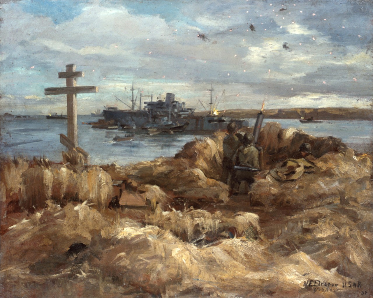 War and Peace (Ack-Ack fire Near A Russian-Aleut Grave) Oil painting of soldiers firing large weapon at planes in sky, near a cross grave marker.