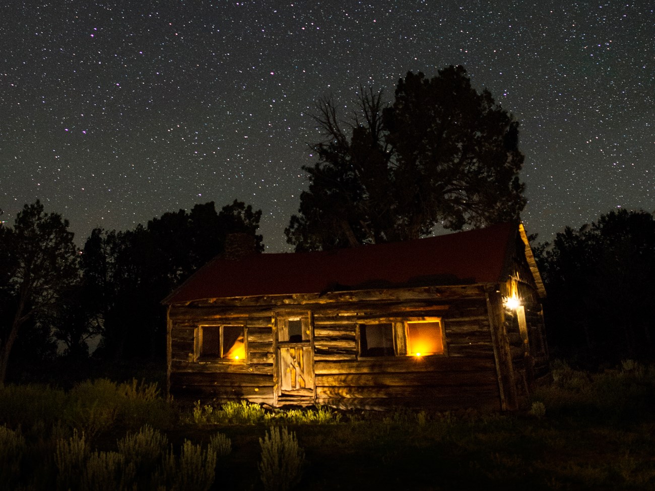 Starry night view of the Waring Ranch House, Parashant National Monument, AZ.