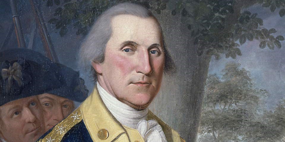 Detail, color portrait of George Washington showing his face and shoulders.