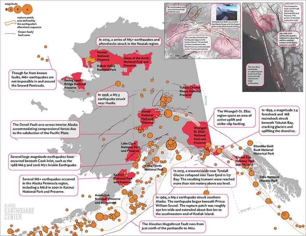 An annotated map showing locations of parks and major earthquakes in Alaska.