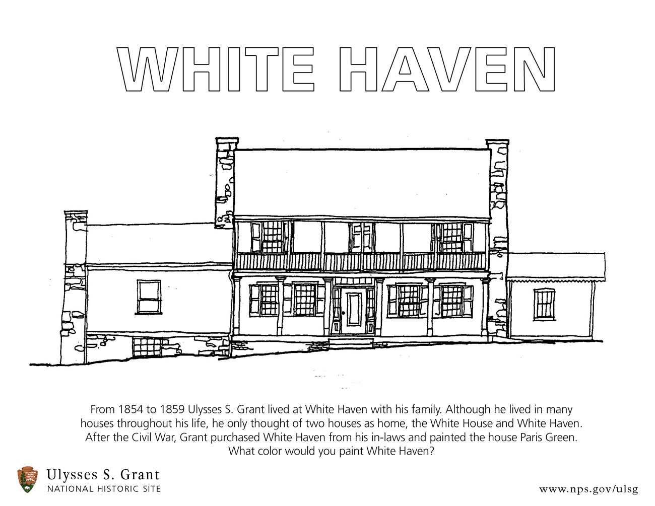Line drawing or coloring page of a White Haven, a historic two story frame house