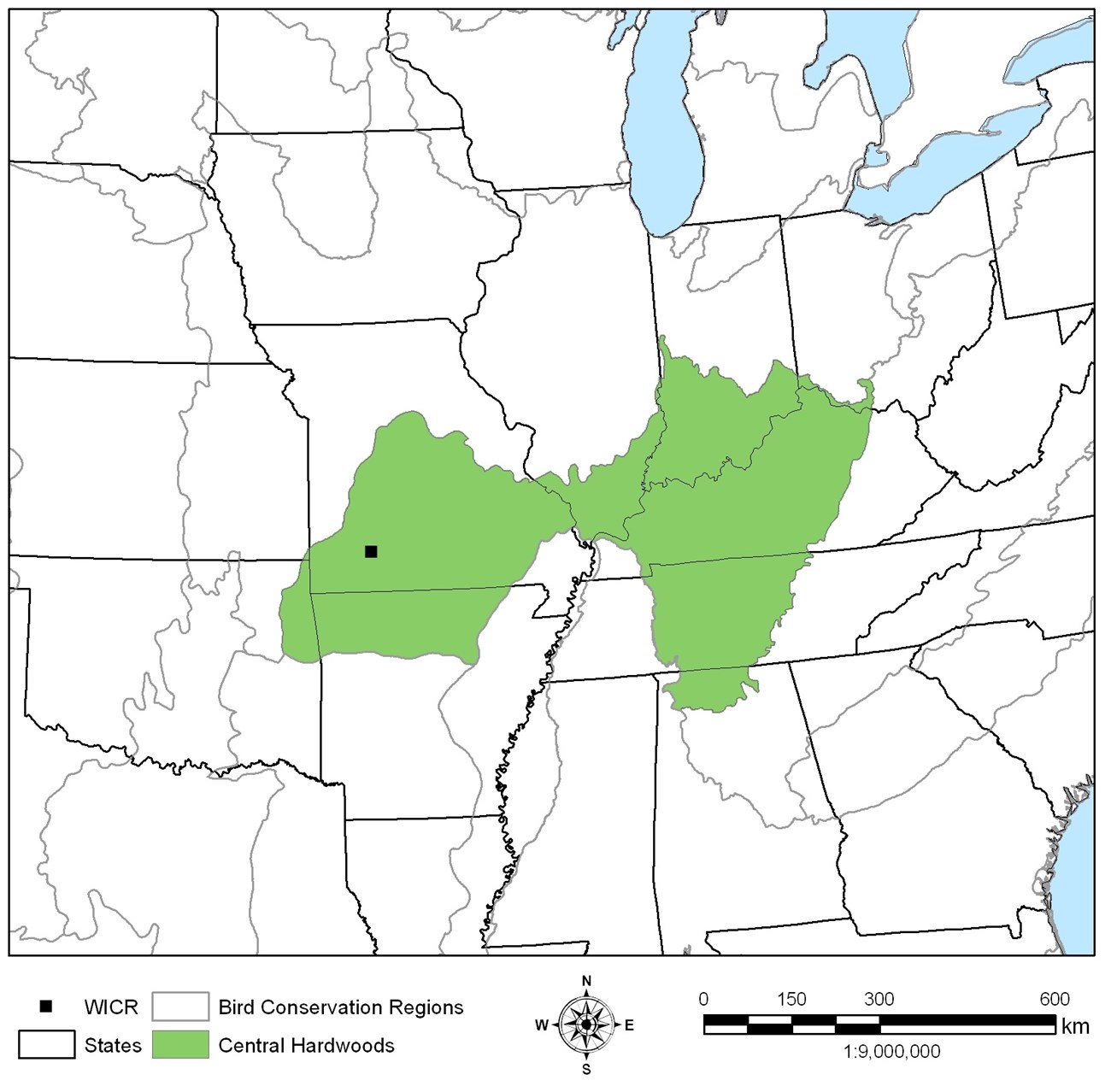 Central Hardwoods Bird Conservation Region and Wilson's Creek National Battlefield map Map of Wilson's Creek National Battlefield marked in southwestern Missouri on the western edge of the Central Hardwoods Bird Conservation Region