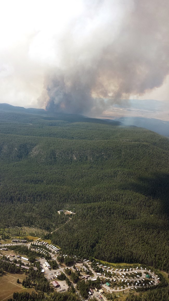 Aerial view of fire in relation to Lake Village.