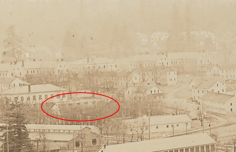 YMCA nara close up with circle Close up of a an aerial photo of Vancouver Barracks with a building circled in red.