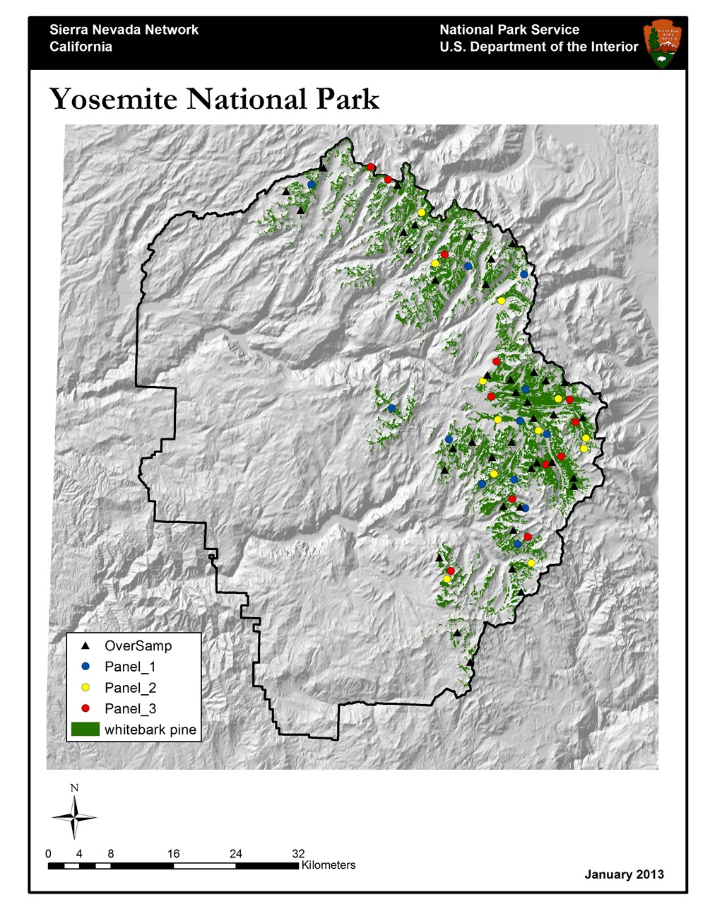 Map shows the distribution of whitebark pine in Yosemite National Park, primarily on the eastern, high-elevation areas, and shows the location of monitoring plots.