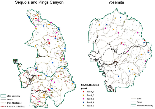 Lakes sites monitored in Yosemite and Sequoia & Kings Canyon