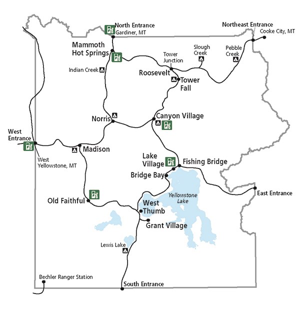 Yellowstone park map identifies EV charging stations with green symbols