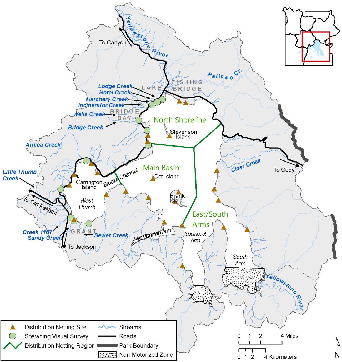 Locations of streams visually surveyed for spawning cutthroat trout and distribution netting sample sites