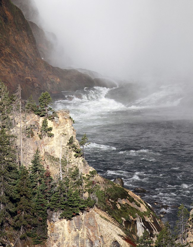 Tree covered cliffs along a rough flowing river with mist