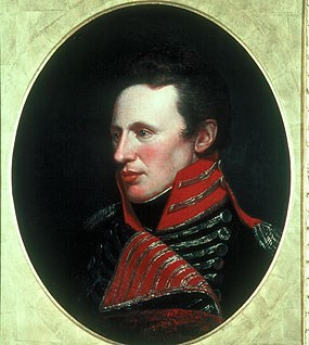 Painted portrait of a white man wearing black and red.