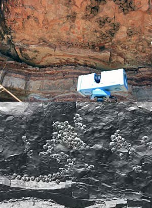 LiDAR system scanning rocks and resulting image.