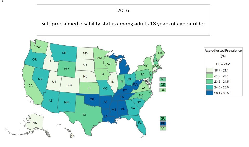 map of the United States indicating disability status