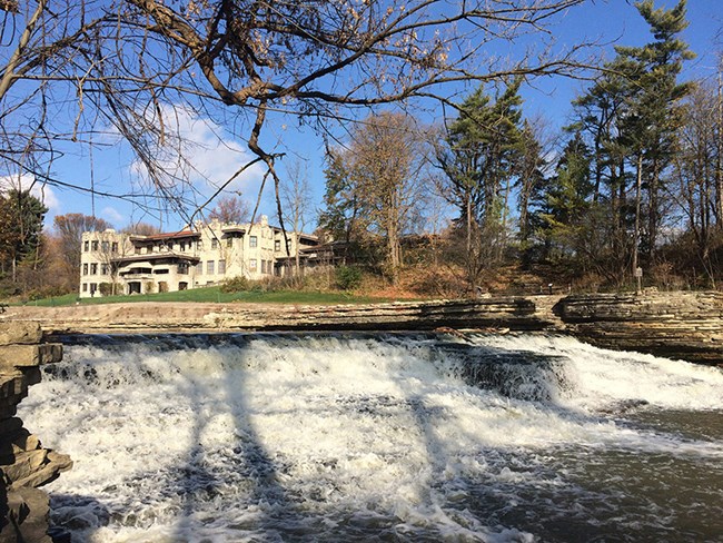 Present day Fair Lane Mansion sits on a hill above the Fair Lane dam.