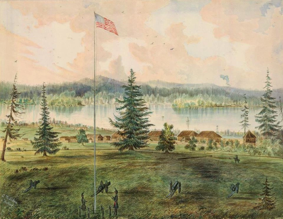 Alden flagpole Drawing with flagpole in foreground and cannons at base.