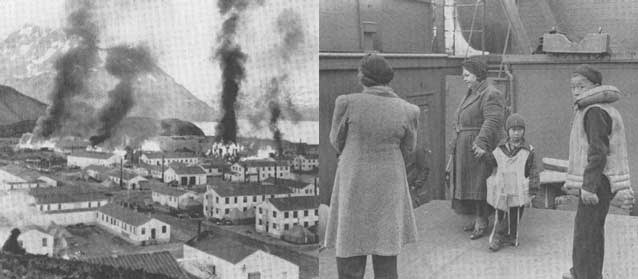 composite of two images. left image shows buildings burning near a harbor, right image shows women and children on a ship