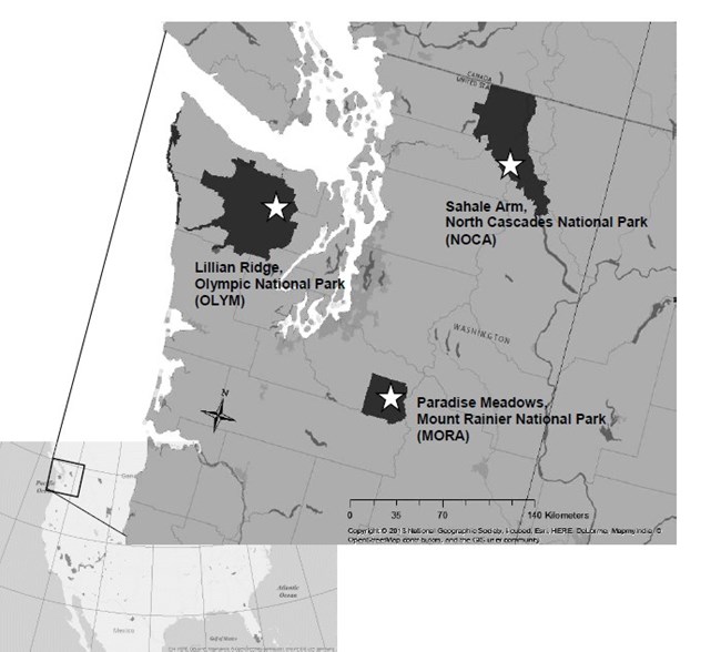 Map of western Washington showing park boundaries for Olympic, Mount Rainier, and North Cascades.