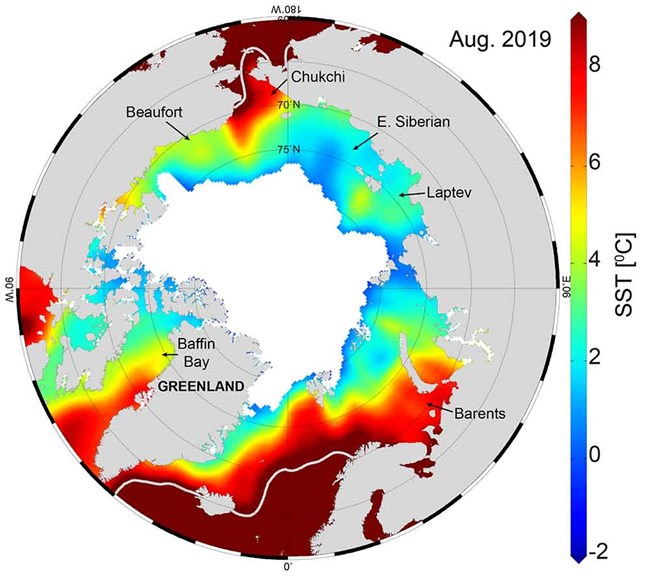 A globe heat map of the Arctic showing sea surface temperatures departure from normal.