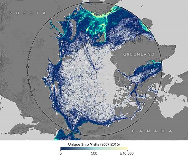 Polar projection map of circumpolar ship traffic that impacts marine soundscapes.