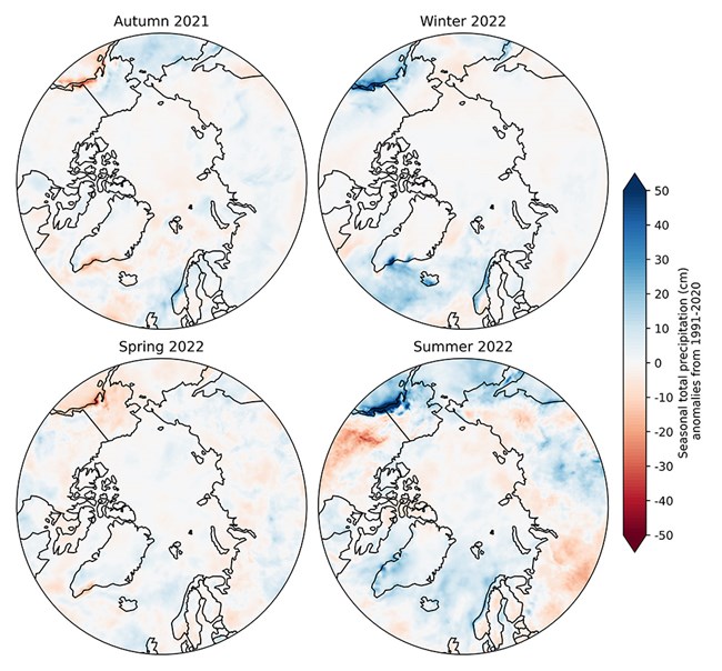 Four-part pan-Arctic maps of seasonal precip anomalies.