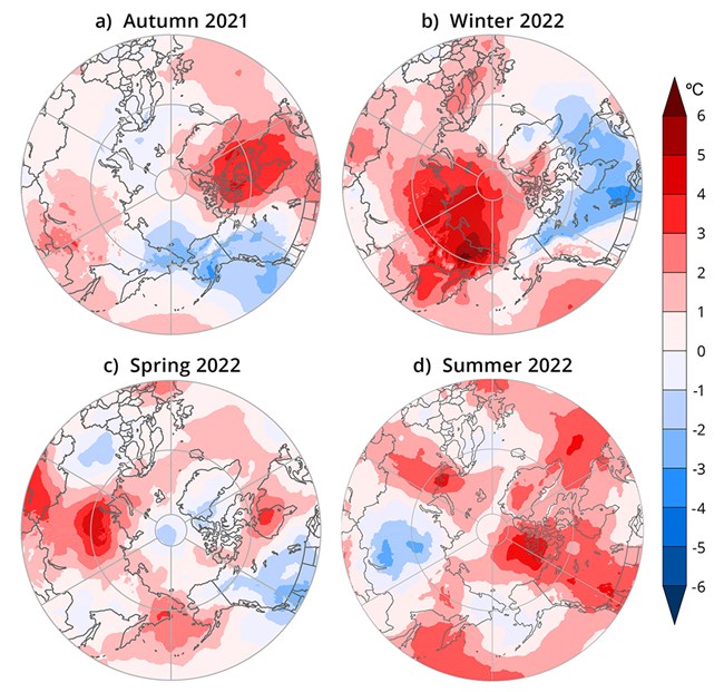 A four-part image of Arctic air temperatures by season.