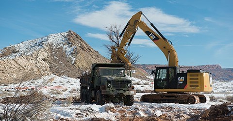 a large excavator lifts a tamarisk into a dump truck