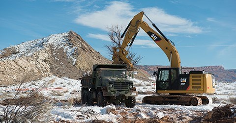 lt= a large excavator lifts a tamarisk into a dump truck