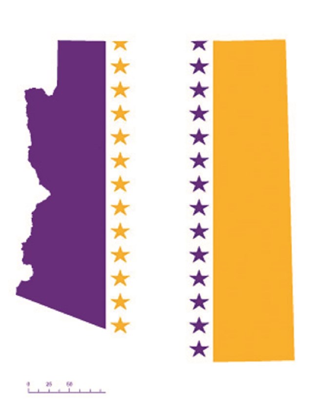 State of Arizona depicted in purple, white, and gold (colors of the National Woman’s Party suffrage flag) – indicating Arizona was one of the original 36 states to ratify the 19th Amendment. State of Arizona depicted in purple, white, and gold (colors of the National Woman’s Party suffrage flag) – indicating Arizona was one of the original 36 states to ratify the 19th Amendment.