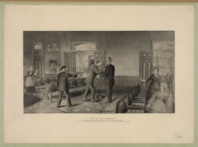 Assassination of President Garfield Garfield falls forward as a man shoots his gun.