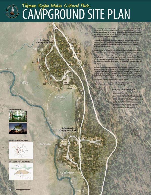 A draft of the campground site plan design board for the Tásmam Kojóm Maidu Cultural Park, National Park Service photo. A draft of the campground site plan design board for the Tásmam Kojóm Maidu Cultural Park, National Park Service photo.